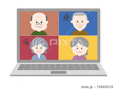 オンライン通話 ストレスを感じる老人イラストのイラスト素材