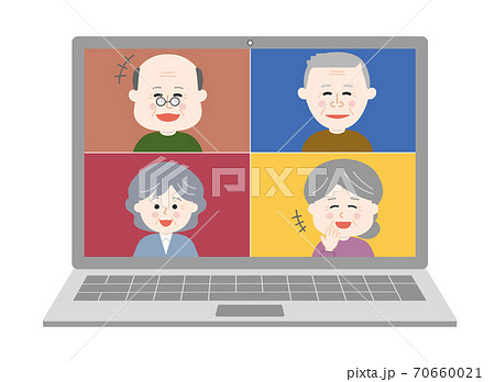 オンライン通話 笑顔で会話する友達イラスト 老人 のイラスト素材