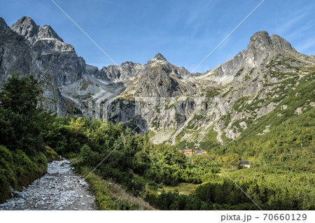 Mountain cottage, Green tarn valley, High Tatras mountains, Slovakia 70660129