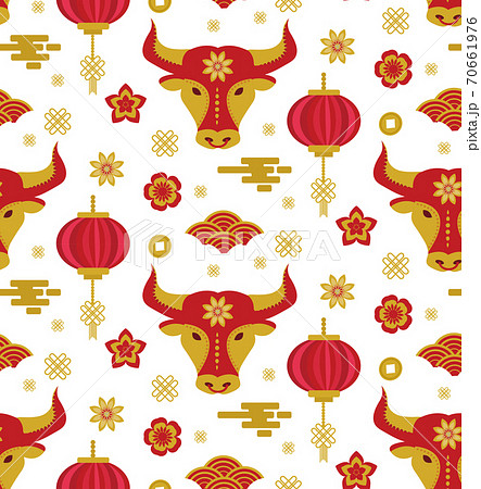 Chinese New Year seamless pattern. Year of the bull 2021 Repeating texture, background. Vector illustration Chinese New Year seamless pattern. Year of the bull 2021 Repeating texture, background. Vector illustration 70661976