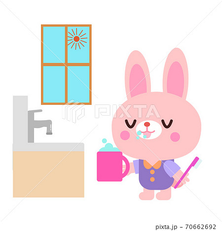 朝に歯磨きをするウサギイラスト 70662692