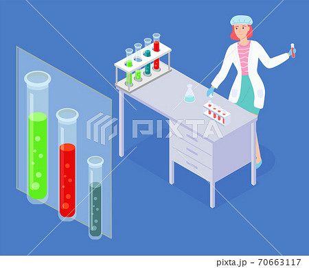 Laboratory experiment, research, big stand with tubes with toxic liquids, laboratory assistant 70663117