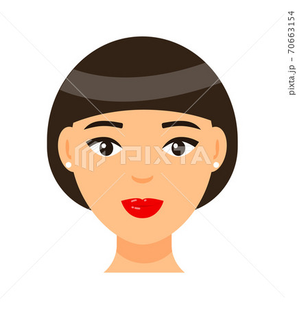 Brown-haired girl with red lips, short bob haircut, face of young pretty woman with light makeup 70663154