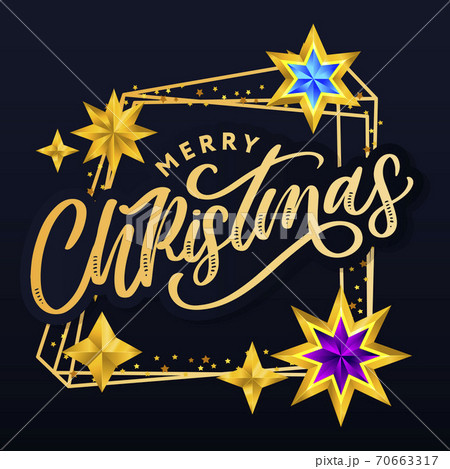 Merry Christmas card with hand drawn lettering and stars on dark background. Cute Holiday golden frame background 70663317
