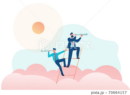 Businessmen behind clouds stand on stairs and look into distance through shameful pipe. Development concept, investment search. Business opportunity search metaphor. Vector flat illustration 70664157