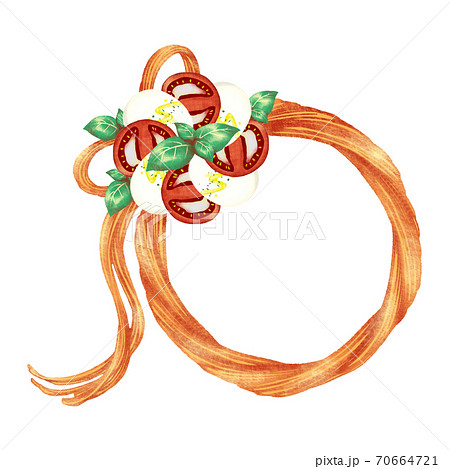 左斜め上にカプレーゼの飾りが付いたリボン状のパスタのフレームのイラスト素材