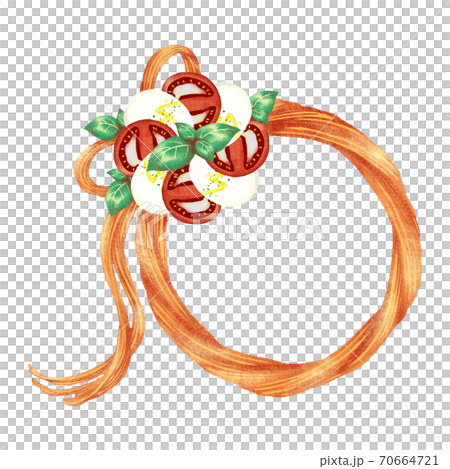 Ribbon-shaped pasta frame with caprese decoration diagonally to the left 70664721