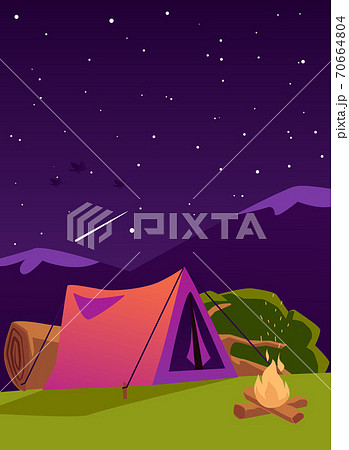 Vector banner with camp in mountains at night with stars sky, tent and campfire. 70664804