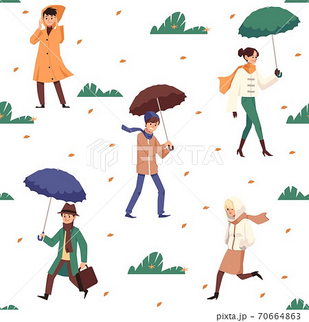 Seamless autumn pattern with people carrying umbrellas vector illustration. 70664863