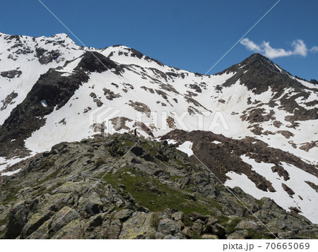 view from Simmingjochl mountain saddle on sharp snow-capped peaks at Stubai hiking trail, Stubai Hohenweg, Alpine landscape of Tyrol, Stubai Alps, Austria. Summer blue sky view from Simmingjochl mountain saddle on sharp snow-capped peaks at Stubai hiking trail, Stubai Hohenweg, Alpine landscape of Tyrol, Stubai Alps, Austria. Summer blue sky 70665069