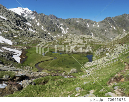 Top view of beautiful wetland with spring stream, alpine mountain meadow called Paradies with lush green grass and snow capped mountain peaks. Stubai hiking trail, Summer Tyrol Alps, Austria Top view of beautiful wetland with spring stream, alpine mountain meadow called Paradies with lush green grass and snow capped mountain peaks. Stubai hiking trail, Summer Tyrol Alps, Austria 70665078