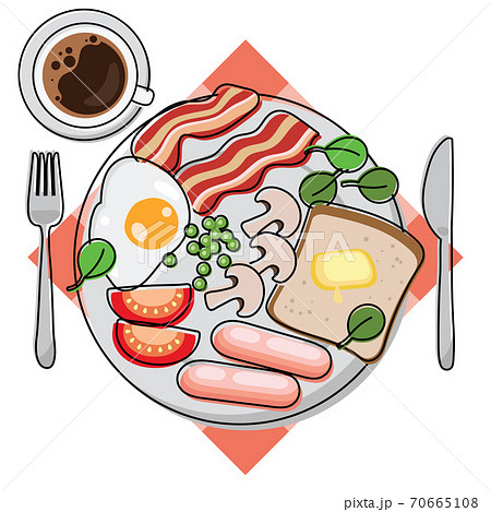 Full English breakfast. Plate with egg, bacon, toast, mushrooms, beans, tomatoes, sausages, spinach. Coffee cup, tablecloth and cutlery included. Outline color filled vector illustration 70665108