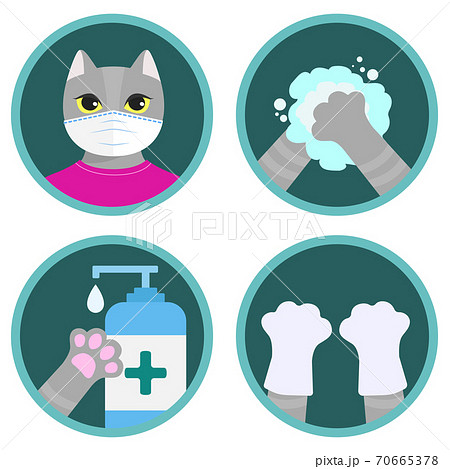 Safety measures against COVID-19 illustrated by the cute cartoon cat. Set of flat vector icons: wear a mask, wash your hands, use sanitizer, wear gloves. Funny instruction for children 70665378