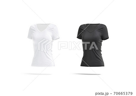 Blank black and white women slimfit t-shirt mockup, side view 70665379