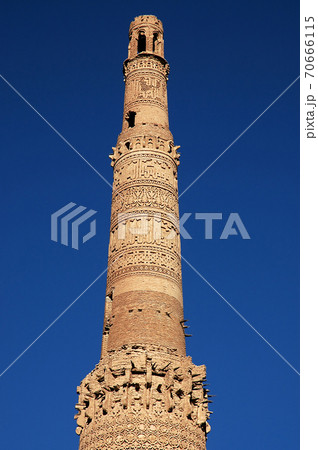 Minaret of Jam, Ghor Province in Afghanistan. The Jam minaret is a UNESCO site in a remote part of Central Afghanistan. Detail of the top section of the Minaret of Jam showing the geometric decoration 70666115