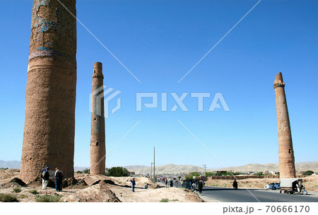 Herat in Afghanistan. Three of the Musalla Minarets of Herat part of the Musalla Complex. Five minarets remain - ruined but still standing. An important historical site in western Afghanistan. 70666170