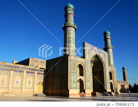 Herat in western Afghanistan. The Great Mosque of Herat (Friday Mosque or Jama Masjid). The mosque is decorated with mosaics and Quranic calligraphy. The mosque is one of the oldest in Afghanistan. 70666173