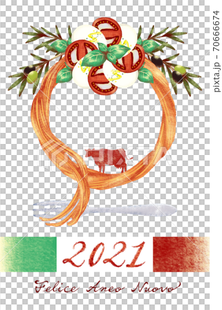 意大利風格的新年賀卡2021明信片模板（意大利語/帶有民間和母牛/帶有圓圈的邊距） 70666674