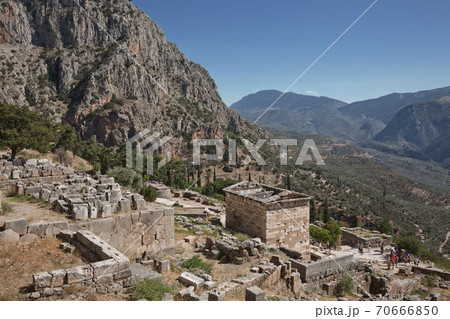 Archaelogical site of Delphi, Greece. Delphi is ancient sanctuary that grew rich as seat of oracle that was consulted on important decisions throughout ancient classical world. UNESCO World heritage 70666850