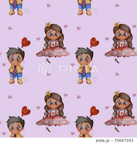 Cute kids. Seamless patterns. A couple in love - a girl-princess with long hair with beads around her neck and lipstick in her hands and a boy in a tie with a balloon on a pink background. Watercolor 70667003