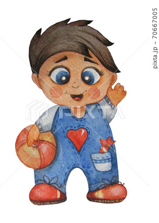 Kids illustrations. Cute and smiling little boy in overalls with a ball. Watercolor. Hand drawing. Isolated on white background Kids illustrations. Cute and smiling little boy in overalls with a ball. Watercolor. Hand drawing. Isolated on white background 70667005
