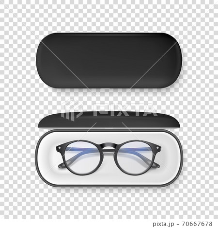 Vector 3d Realistic Plastic Round Black Rimmed Eye Glasses in Black Case Box Closeup Isolated on ransparent Background. Women, Men, Unisex Accessory. Optics, Health Concept. Design Template for Mockup 70667678
