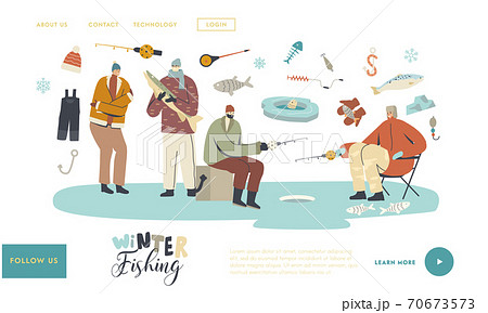 Characters Winter Fishing Landing Page Template. Fishermen Sit on Ice with Rod Having Good Catch. People Catching Fish Characters Winter Fishing Landing Page Template. Fishermen Sit on Ice with Rod Having Good Catch. People Catching Fish 70673573