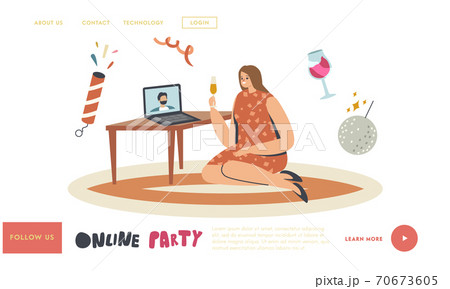 Online Party Landing Page Template. Young Female Character Holding Glass with Champagne Celebrate Holiday via Internet 70673605