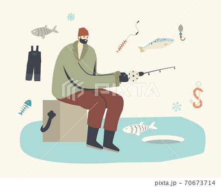 Fisherman Male Character Sitting on Box with Rod on Ice Floe Having Good Catch. Man Fishing on Lake or River at Winter 70673714