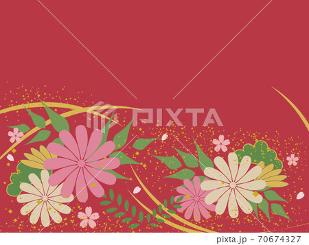 和風の花柄の赤い背景のイラスト素材