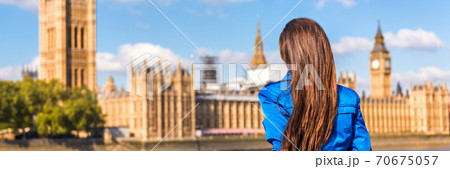 London Europe city travel woman panoramic banner looking at Westminster parliament, famous tourism attraction landmark. Autumn tourist people lifestyle. Background landscape panorama 70675057