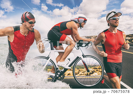 Triathlon swim bike run triathlete man training for ironman race concept. Three pictures composite of fitness athlete running, biking, and swimming in ocean. Professional cyclist, runner, swimmer 70675078