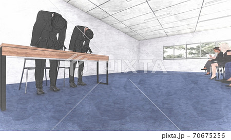 記者会見場 男性謝罪 机有り 人あり イラスト5 記者会見場 男性謝罪 机有り 人あり イラスト5 70675256