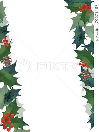 クリスマスフレーム 柊の飾り枠 左右斜めに装飾 水彩イラスト ロゴ無し 縦長 A3 比率 のイラスト素材