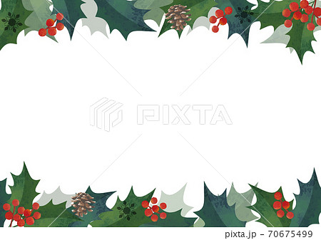 クリスマスフレーム 柊の飾り枠 上下に装飾 水彩イラスト ロゴ無し 横長 A3 比率 のイラスト素材
