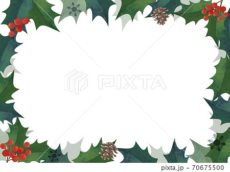 クリスマスフレーム 柊の飾り枠 囲み装飾 水彩イラスト ロゴ無し 横長 A3 比率 のイラスト素材