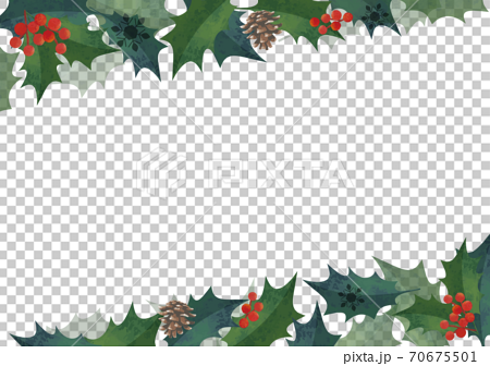 クリスマスフレーム 柊の飾り枠 上下斜めに装飾 水彩イラスト ロゴ無し