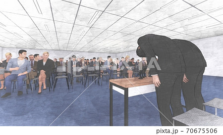 記者会見場 男性謝罪 机有り 人あり イラスト18 記者会見場 男性謝罪 机有り 人あり イラスト18 70675506