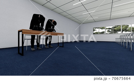 記者会見場　男性謝罪　机有り　人なし イラスト4 70675664