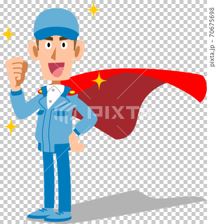 Guts pose of male staff wearing work clothes and wearing a hero-like cloak Guts pose of male staff wearing work clothes and wearing a hero-like cloak 70675698