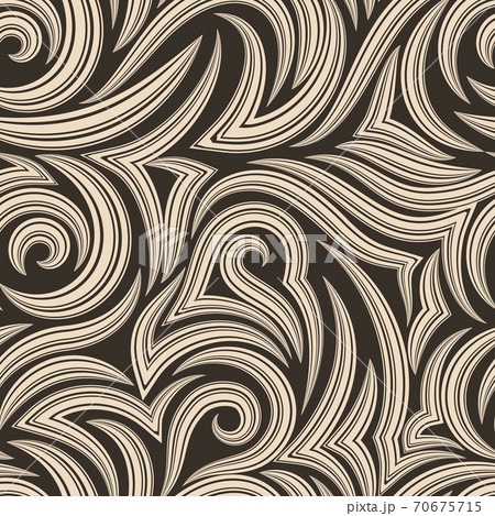 Vector seamless pattern of smooth and broken lines in beige with cuts in the middle with sharp ends on an isolated brown background. Pastel colored texture from flowing stripes. Swirl or waves. 70675715