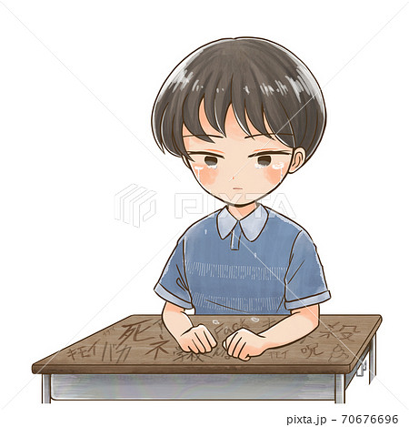 机に悪口を落書きされて泣く小学生02のイラスト素材 机に悪口を落書きされて泣く小学生02のイラスト素材