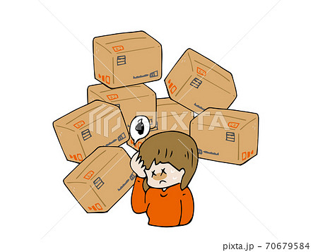 在庫が残って困っている 荷物の多さに悩む女性 売れない 段ボールのイラスト素材