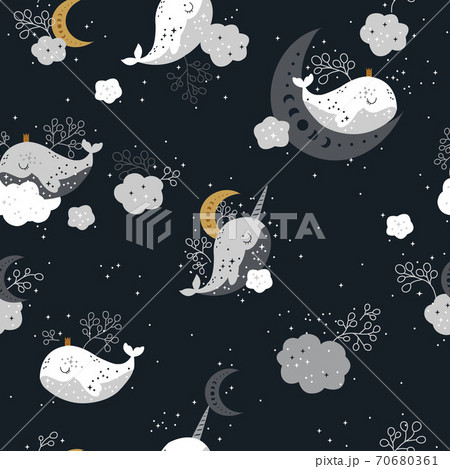 Beautiful Seamless Pattern With Whale Moon And のイラスト素材