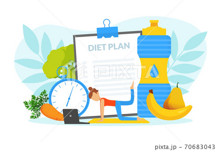 Healthy Lifestyle, Tiny Woman Training her Body in Gym and Eating Healthy Food, Weight Loss Concept Vector Illustration 70683043