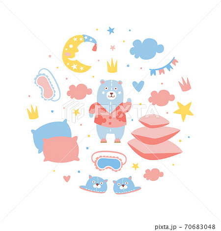Slumber Party Banner Template, Childish Holiday Invitation Card Design with Party Symbols of Round Shape Cartoon Vector Illustration 70683048