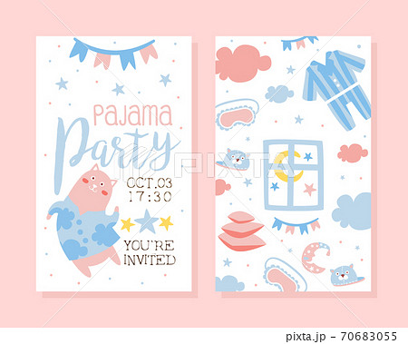 Pajama Party Invitation Card Template, Light Pink and Blue Childish Slumber Pyjama Overnight Sleepover Card Vector Illustration 70683055