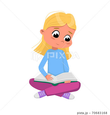 Cute Blonde Girl Sitting on Floor with Crossed Legs and Reading Book, Preschooler Kid or Elementary School Student Enjoying Literature Cartoon Style Vector Illustration 70683168