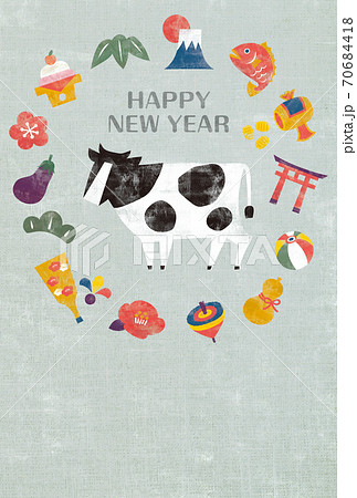 年賀状 絵本風 縁起物リース 牛 のイラスト素材