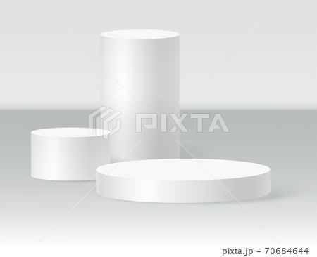 Cylinder podium scene, winner pedestal. White cylinder template for showroom podium scene. Vector white pedestal for product presentation. 70684644